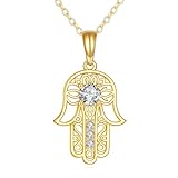 DOVRAN Collar de oro macizo de 14 quilates con colgante de la mano de Fátima de Hamsa, joyería religiosa para mujeres y hombres, Normal, Oro amarillo, Sin piedra preciosa