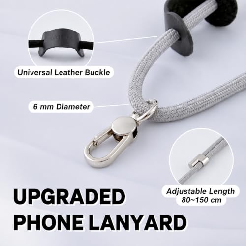 Image of Phone Lanyard Crossbody, Anti Theft Phone Strap with 2 Tether Tabs | With Leather Loop, Premium Metal Buckles, Adjustable Cell Phone Lanyard for Travel, Fits Most Smartphones, Light Grey