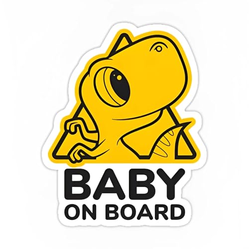 Image of eDesign Baby Dinosaur Baby on Board Sticker for Cars - 5 Inches - Baby in Car Sticker for Cars Truck SUV Van Window Bumper Baby on Board Decal 2-Pack, Yellow, Black