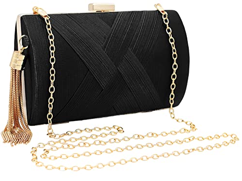 LucyneSwayne Bolso de mano de noche para mujer, de seda de satén para fiesta, bolso de mano con colgante de borla, Black Cover