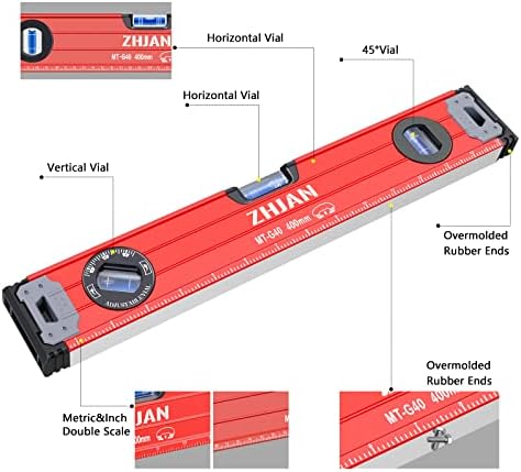 ZHJAN 400mm Magnetic Spirit Level with /45°/90°/180°Bubbles, 3 Magnets/Metric/Imperial Scale,Torpedo Level for Construction Industry,Carpenter,Craftsman,Home