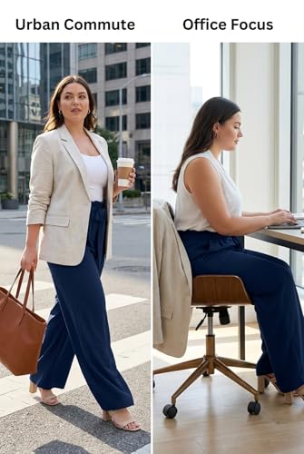 Image of OLRIK Women's Plus Size Pants Adjustable High Waisted Wide Leg Palazzo Pants Casual Trousers with Pockets Spring Clothes
