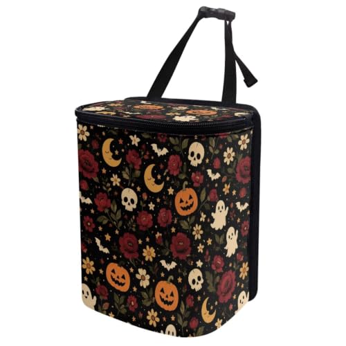 Image of Talayituse Skull Ghost Rose Moon Print Car Trash Can with Lid, Leak Proof Auto Trash Bag Hanging Vehicle Garbage Can Multipurpose Storage Container for Back Seat Road Trip Halloween Decor