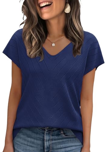 Image of WIHOLL Short Sleeve Sweater for Women V Neck Trendy Summer Tops 2026 Beach Vacation Clothes Travel Business Casual Outfits