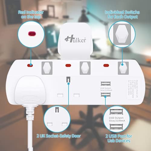 Hulker Plug Extension, Multi Plug Socket Extensions 2 Way with 2 USB, Short Circuit Protection Power Extension Adapter , USB Wall Socket Turn 1 into 4 Multi USB Plug Adaptor UK Socket No Power Cord