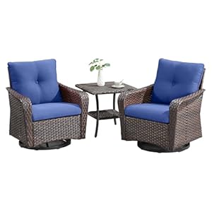 Outdoor Patio Rocking Swivel Chairs – 3 PC Wicker Patio Furniture Rocker Chair Set Rattan Patio Bistro Sets with Side Table for Porch Deck Backyard Garden(Brown/Blue)
