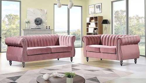 Image of Modern & Classic Chesterfield Sofa 5 Seater Sofa Velvet L-Shape Corner Sectional Button Tufted Sofa for Living Room, Dining Room, Office and Hallway-(Pink).