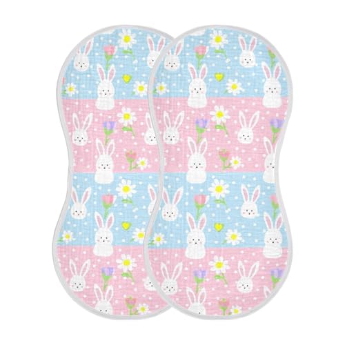 Cute Bunny Rabbits Muslin Burp Cloths 22x11 Inch - 4-Layer Organic Cotton & TPU Waterproof Lining, Absorbent Baby Bibs for Boys/Girls with Hanging Loop2