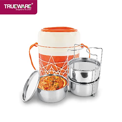 Image of TRUEWARE Trendy 3 Lunch Box with 3 Stainless Steel Container,300ml X3 Orange | PU Insulated | Lunch Box | Tiffin | Hot lunch box | Leak Proof | Easy to Carry | Hot & Cold Food Grade | BPA Free | Stainless Steel Dabbi | Office | Outdoors | For Men, Women, and Kids