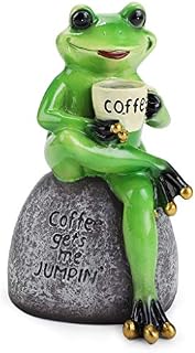 Sumnacon Resin Frog Figurines Sitting on Stone Statue Cute Creative Funny Green Frog Sculpture for Decoration Drinking Coffee