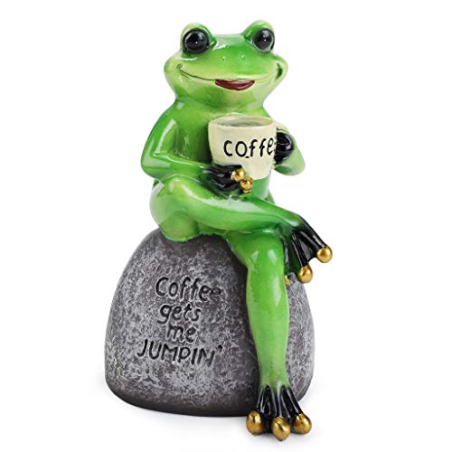 Juxyes Creative Craft Resin Frog Figurine Decor, Frog Sitting On Stone Statue Drinking Coffee Sculpture Statue, Personalized Collectible Figurines Mascot Frog For Indoor Outdoor Garden Decoration #TOP4