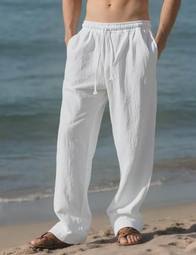 Men's Casual Linen Pants Loose Fit Drawstring Waist Lightweight Linen Trousers Summer Yoga Beach Long Pants3