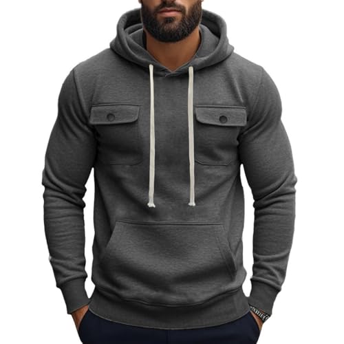 Mens Hooded Sweatshirt Long Sleeve Casual Drawstring Pullover Hoodies Lightweight Button Hooded Shirt with Pocket