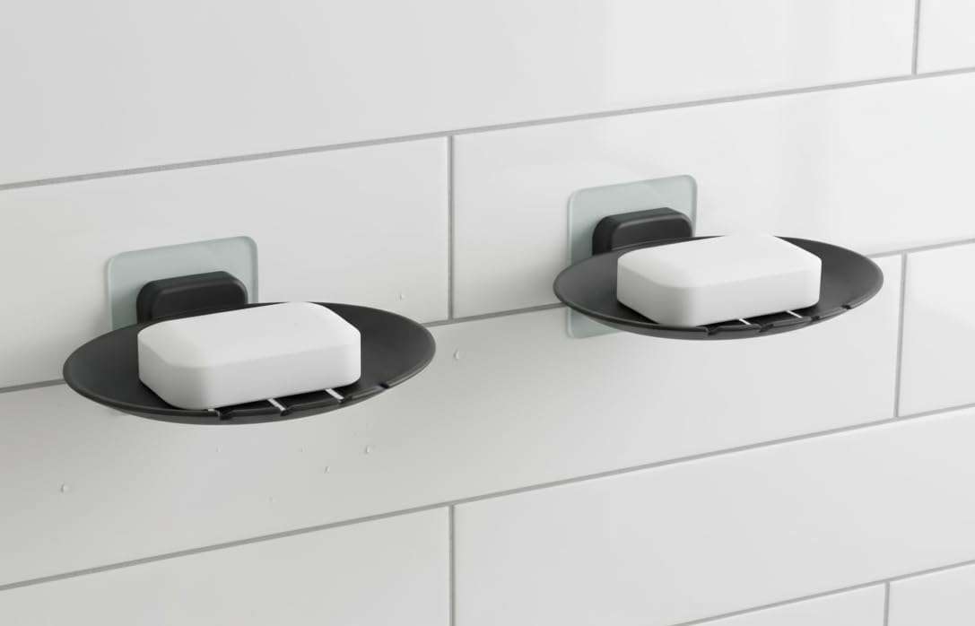 KROYWEN 2Pcs Plastic Wall Mounted Soap Dish Adhesive Sponge Holder No-Drilling Soap Holder Stand for Shower, Bathroom and Kitchen (Black Soap Dish, 2)