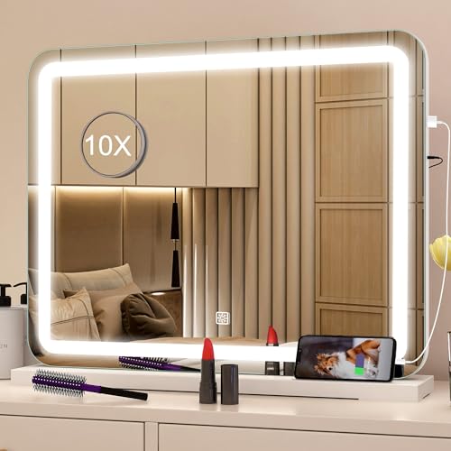 STARLEAD 22.8" x 18.2" Makeup Mirror with Lights and 10X Magnification, 3-Color Dimmable LED Lighting & Touch Control, USB Charging Port for Travel/Dressing Room 22.8"L x 18.2"W