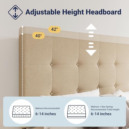 Allewie Upholstered Full Size Platform Bed Frame with 4 Storage Drawers and Headboard, Square Stitched Button Tufted, Mattress Foundation with Wooden Slats Support, No Box Spring Needed, Beige