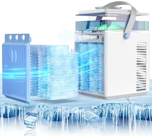 Portable Air Conditioners,Upgraded Evaporative Air Cooler 3 Wind Speed & LED Light Mini AC Cool Mist Personal Air Conditioner Cooling Fan for Office Room Tent Outdoor Blue