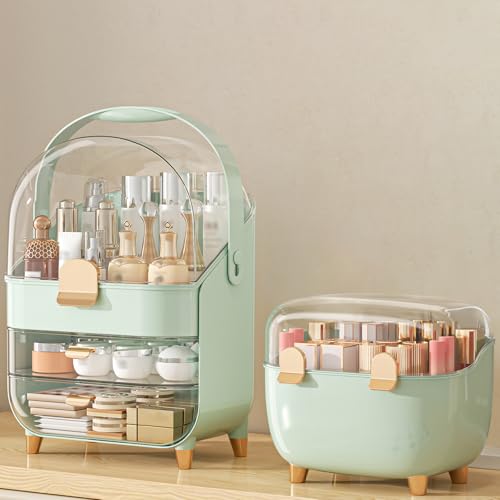 Makeup Organizer with Lipstick Holder, Skincare Organizers Storage Box Cosmetic Display Cases, Teen Girl Gifts Make up Organizers for Vanity, Dresser, Countertop, Bathroom(Green)