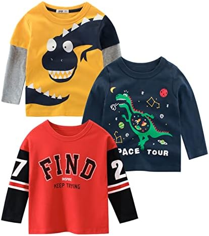 Kumary Toddler Boys’ 3-Pack Long Sleeve T-Shirt Cotton Casual Winter Crewneck Dinosaurs Cars Graphic Tops Tees Kids 2-6 Years