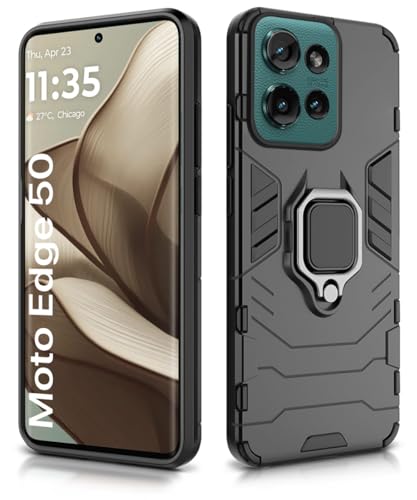 Image of WOW IMAGINE Shock Proof Back Case Mobile Cover for Motorola Moto Edge 50 5G | Back Cover Case (Tough Armor | Hybrid PC + TPU | Ring Holder & in-Built Kickstand | Black)