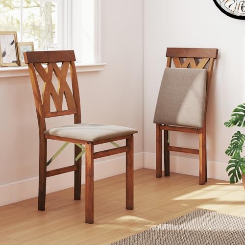 GIANTEX Lot de 2 Chaise Bois Salle a Manger, Chaise Pliante, Cadre en Bois de Caoutchouc, Siège Rembourré, Dossier Haut Incurvé, Charge 150 kg, Montage...