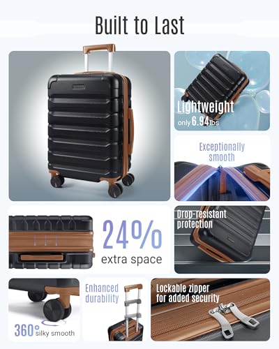 Image of LIGHT FLIGHT Carry On Luggage 22x14x9 Airline Approved, Expandable Carry On Suitcases with Wheels, Lightweight Luggage, Durable Hard Shell 20 Inch Rolling Suit Case for Men Women Travel Black /Brown
