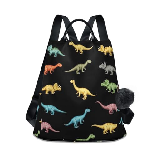 Sac à dos femme noir au motif dinosaure coloré original et détails pompon