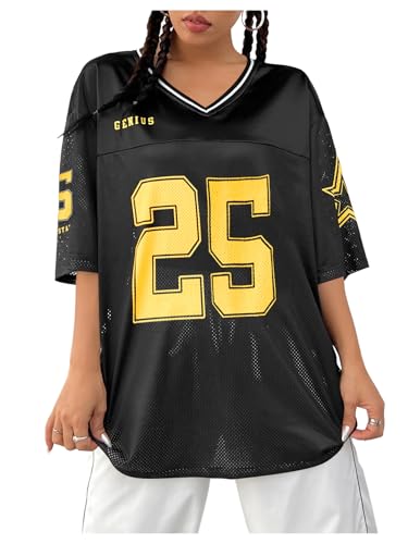 Verdusa Jersey Shirts for Women Y2K Graphic Tees Streetwear Oversized Tshirts V Neck Football Jersey Black and Gold Medium