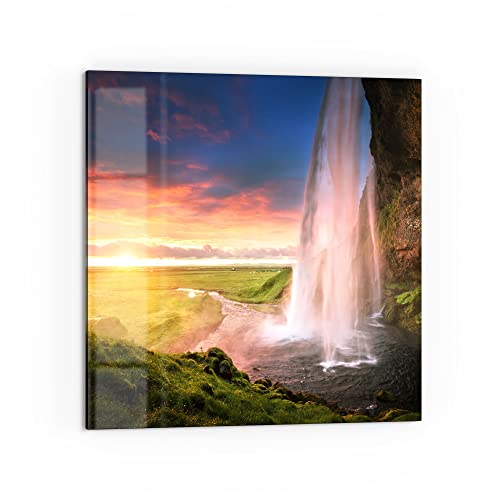 DEQORI Panel posterior de cocina de cristal, diseño 'Seljalandsfoss cascada', 60 x 60 cm, pared trasera para baño o cocina, protección contra salpicaduras para cocina y baño, decoración moderna para