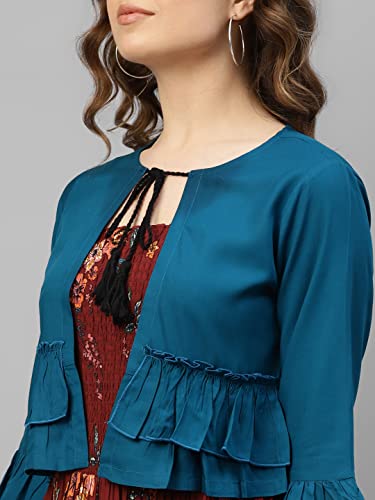 Image of DEEBACO Women's Floral Print Rayon Midi Calf Length Smocking Dress with Solid Shrug for Women|Ruffled 3 /4 Sleeves Shrug Casual Western Fit and Flared Dresses for Ladies Outfits (DBDR00000749 Maroon)