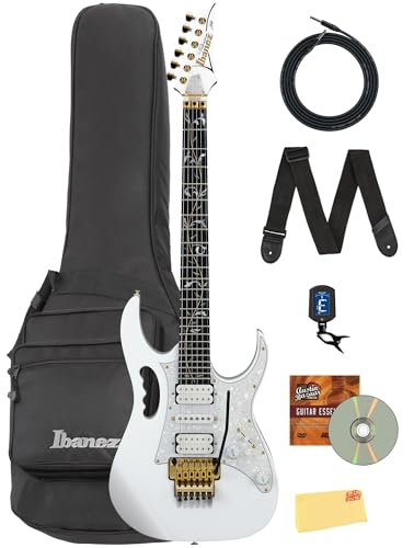 Ibanez JEM7VP JEM Steve Vai シグネチャー プレミアム エレキギター - ギグバッグ、チューナー、ストラップ、ケーブル、Austin Bazaar 解説DVD、磨き布付きホワイトバンドル