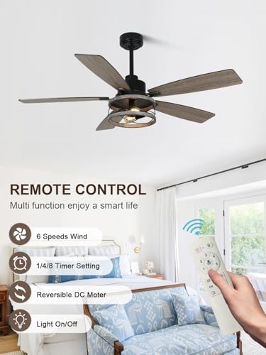 Image of 52 Inch Farmhouse Ceiling Fan with Lights Remote Rustic Fandelier Ceiling Fan Wood Caged Chandelier, 5 Dual Blades, Reversible Quiet DC Motor 6 Speeds for Bedroom Patio