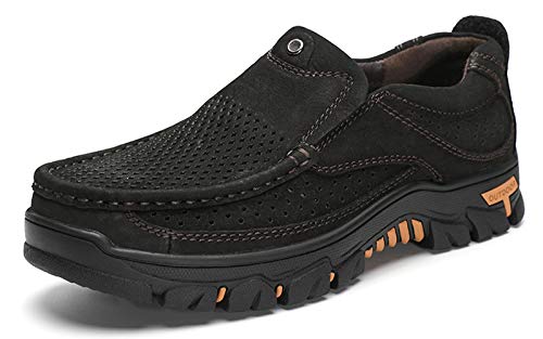 GOSPT Men's Leather Slip on Breathable Flats Outdoor Shoes for Hiking Camping Loafers