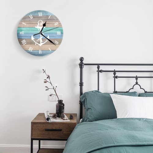 erolrail Anchor Navy Coastal Theme Home 14 Inch Silent Vintage Design Wooden Round Wall Clock Arabic Numerals Design Non Ticking Retro Clocks Home Decor Desk Clock - Image 3