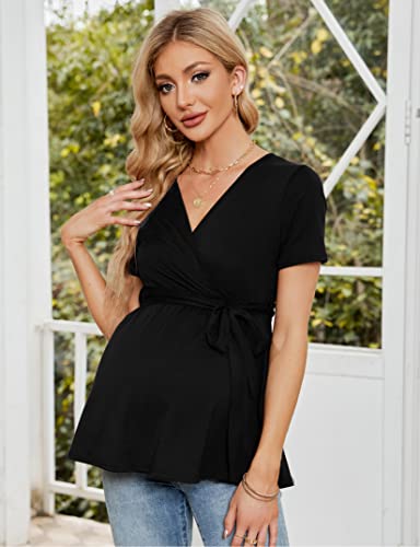 Funjuly Maternity Tops Womens Short Sleeve Wrap V Neck Nursing Shirts Pregnancy Casual Tunic Blouses With Belt Black M #TOP1