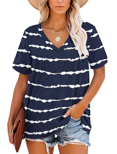 MOLERANI Ladies Tops Women Short Sleeve V Neck Striped Sleeve Summer Tops Casual Loose Tee Navy Wavy Striped Size 10-12