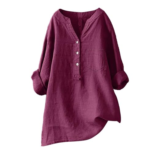 Longbluse Damen Sommer Button-Down Shirts Übergröße Musselin Bluse Casual Leinenbluse Atmungsaktive Tunika Tops,Rot,5XL