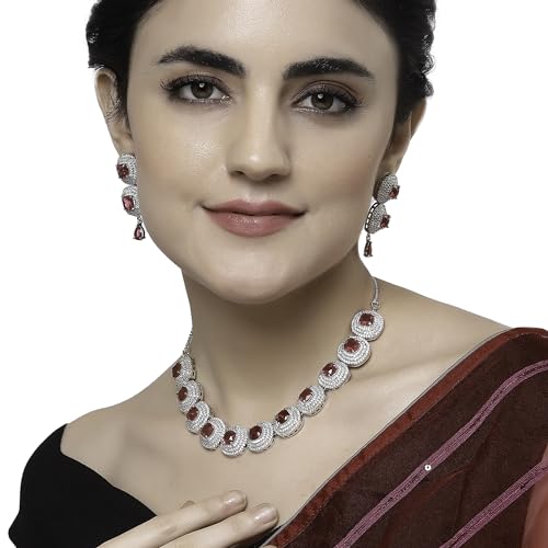 Image of ZENEME Rhodium Plated Silver Toned Triangular Shaped American Diamond Studded Jewellery Set For Women and Girl