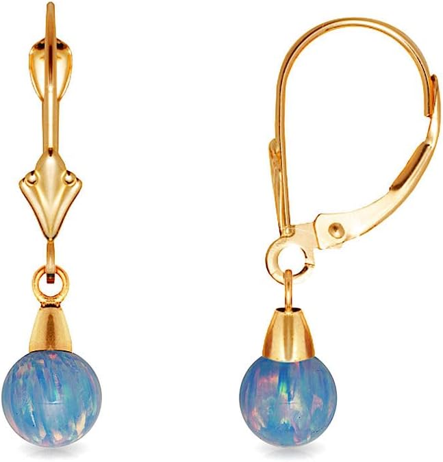14k Yellow Gold Light Blue 6x6mm Simulated Opal Ball Drop Leverback Earrings 26x6mm Ball Earring for Women