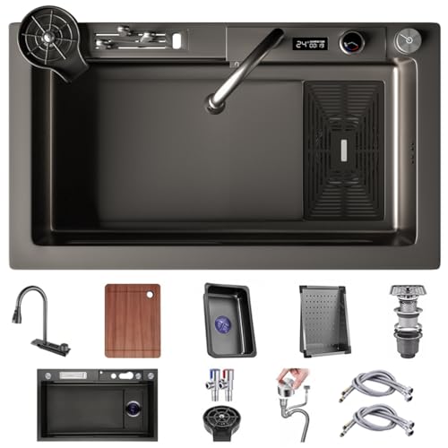 OMGMTSTORE 75x45cm Lavandino Cucina Con portacoltelli,Lavello Cucina 1 Vasca in Acciaio Inox Antracite Nero,Con LED rubinetto estraibile,Dispenser Sapone,ricambio interno,tagliere,Scarico quadrato