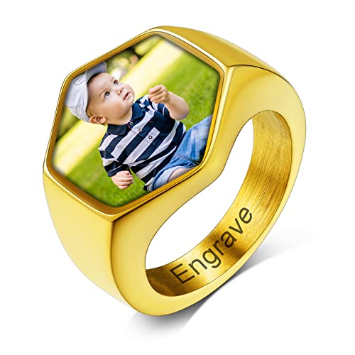 Custom4U Personalized Rings with Pictures Inside Custom Photo Ring Name Engraving Stainless Steel Signet Ring/Heart Ring Size 7-14 Customized Memorial Jewelry for Men Women (Gift Box) J-Hexa