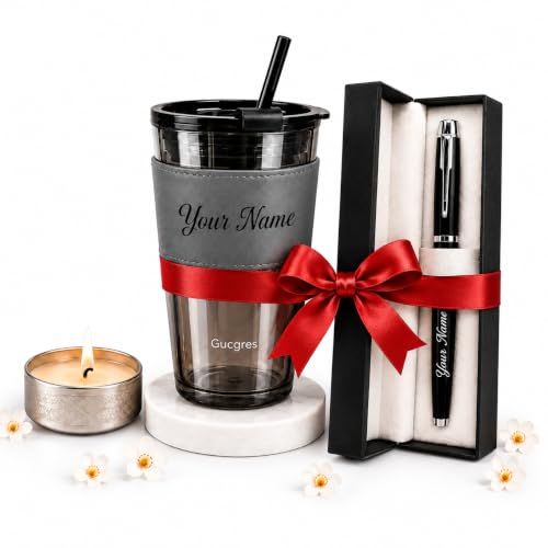 Image of Personalized Glass Tumbler with Straw & Rudraksha Rakhi Set | Custom Name Engraved Coffee Mug | Raksha Bandhan for Brother | Unique Rakhi Hamper | Personalized Present for (Gray Leather Black Pen)
