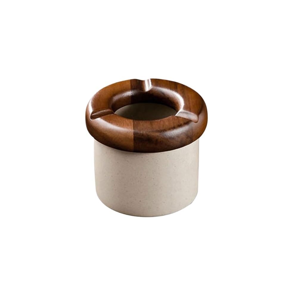Indoor Decorative Ceramic Ashtray with Wooden Lid for Offices Living Room Restaurants Outdoor or Decoration for Desktop