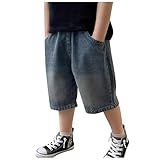 Qmfvqi Baggy Jeans Shorts Jungen Kurze Jeans Hip Hop Denim Shorts Teenager Streetwear mit Weitem Bein Jeanshose Cargo Short Outdoor mit Elastischem Bund Loose Fit Jeansshorts 3-14 Jahre