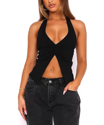 Womens Halter Tops Deep V Neck Split Hem Backless Crop Tank Tops Rave Going Out Top2