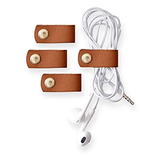 CRATLY Leather Multipurpose Taco Cable Holder Clips Brass Button Organizer (4x1.5 L X B Inches)-Set of 4 Pieces