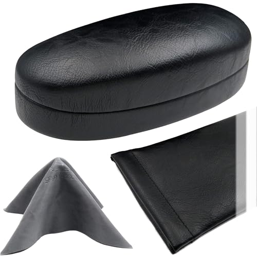 Image of MyEyeglassCase Combo Sunglasses Case & Soft Glasses Pouch in Black Distressed Faux Leather - Medium to Large Dorable Clash Shell with Microfiber pouch and Cloth (AS113 Combo Black)