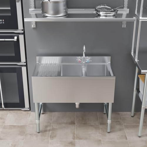 Image of AmGood 36 in. x 19 in. Two Compartment Under Bar Sink With 12 in. Right Drainboard | Stainless Steel Commercial Two Bowls Underbar Sink NSF.