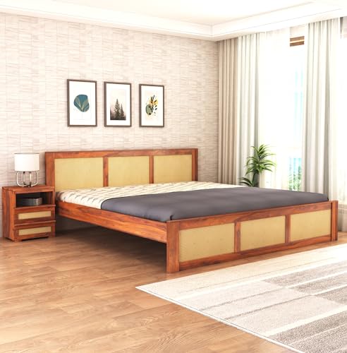 Image of Sheesham Wood Queen Size Cane Bed Without Storage Wooden Double Cot Palang Furniture for Bedroom Living Room Home Hotel (Honey Finish) 1 Year Warranty