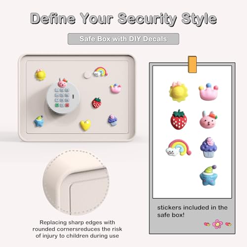 Kids Mini Safe Small Cash Box – GoldenKey White Macaron 7”x9.4”x6.3” Money Security Safe with Coin & Bill Slot, Keypad & Key Lock, USB Backup, DIY Stickers, Piggy Bank for Home